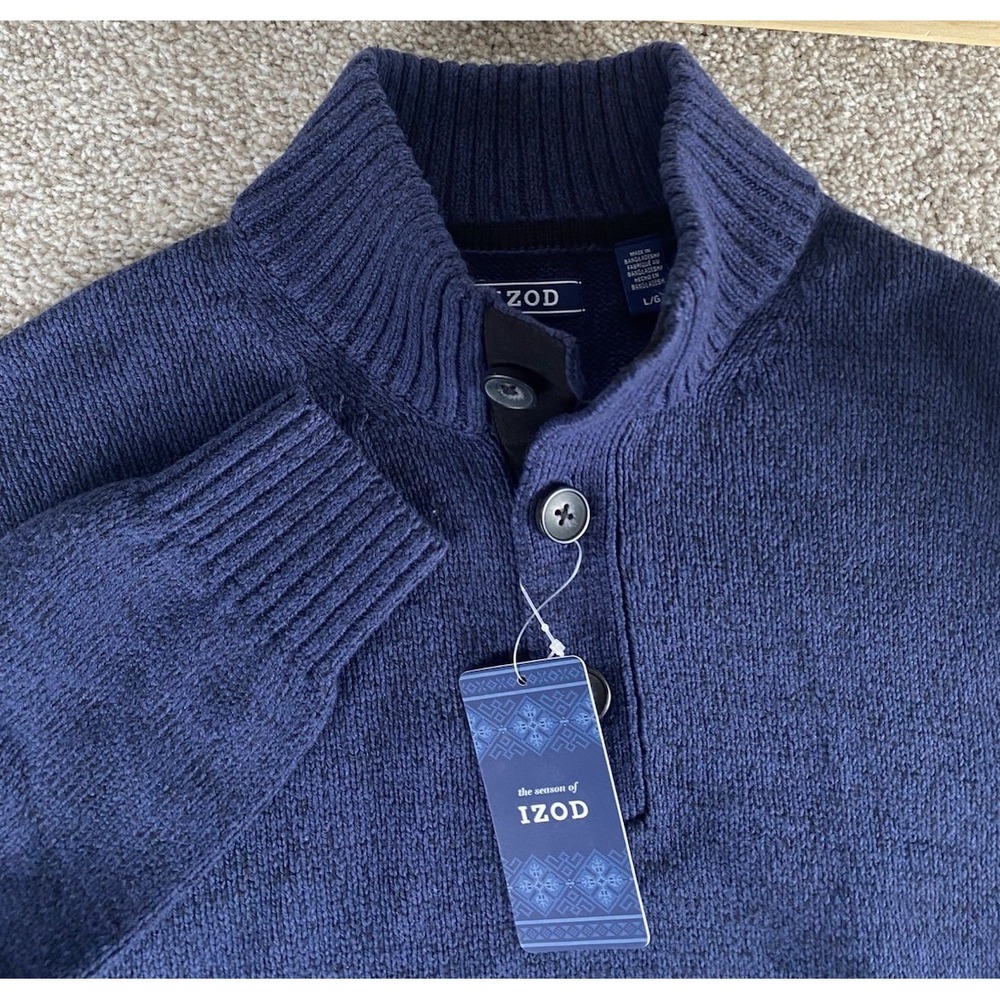 IZOD Peacoat Mock Neck Knit Sweater Cotton Blue Mens Large NWT Preppy Warm Y2K